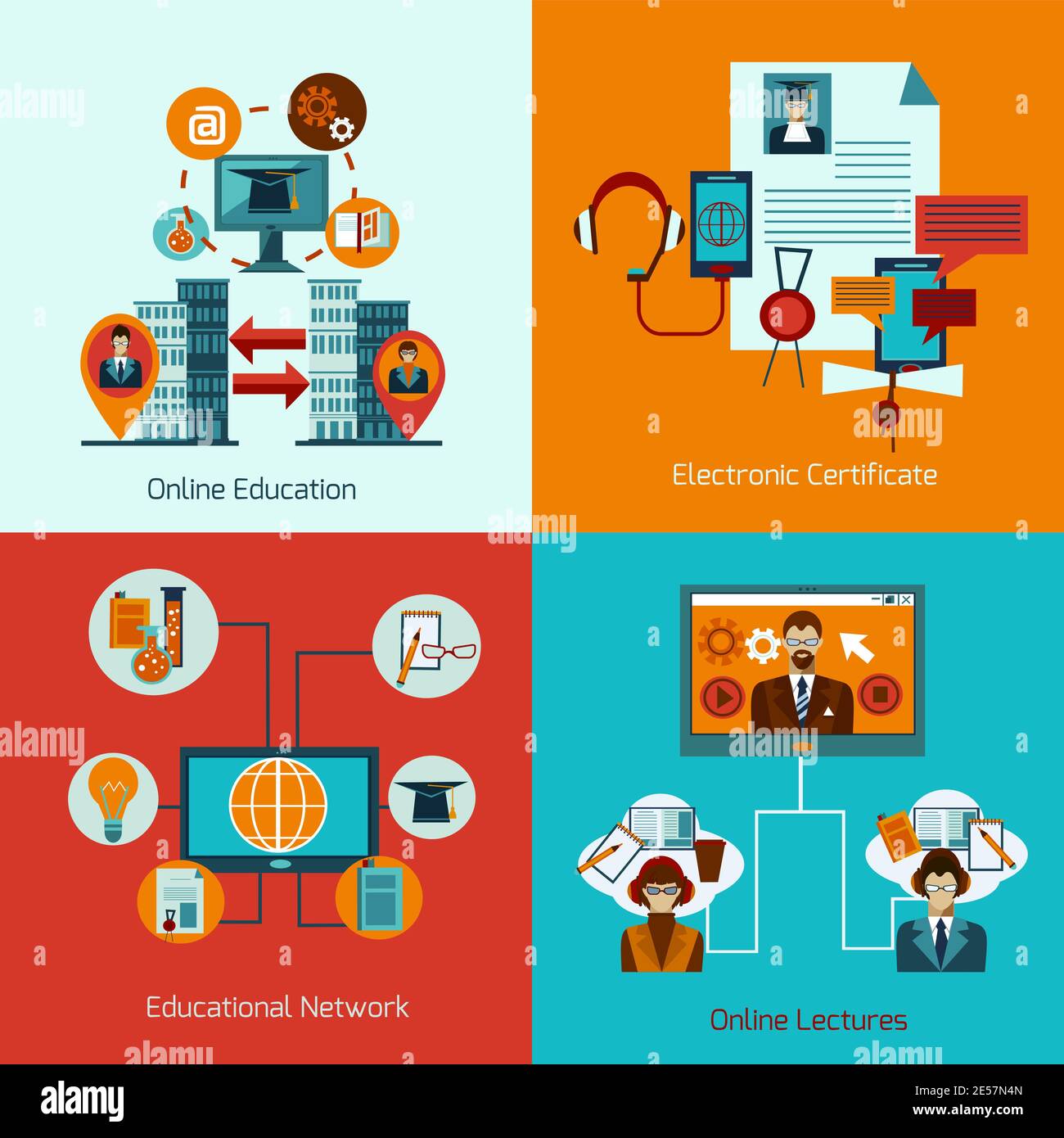 Online education set with educational network flat icons isolated