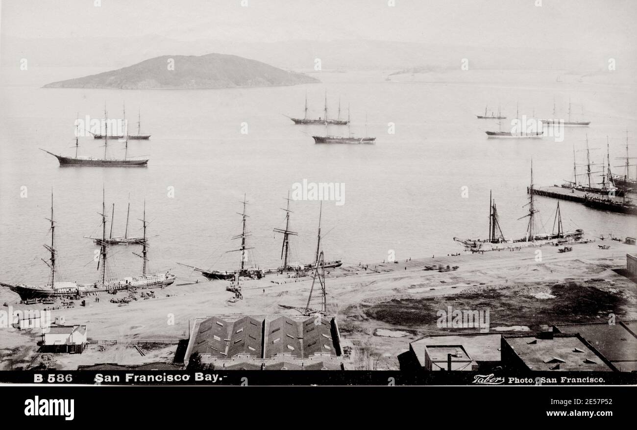 19th century vintage photograph: sailing ships in San Francisco Bay, California, USA Stock Photo