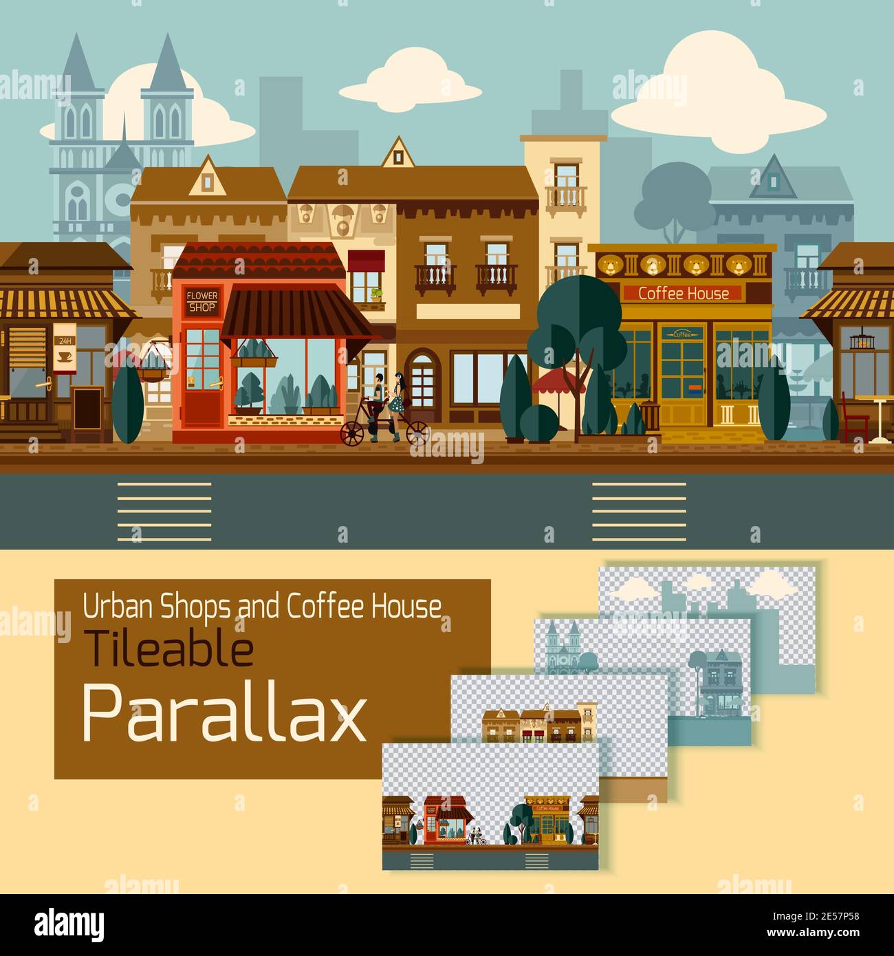 Shops tileable parallax with buildings on different layers vector illustration Stock Vector
