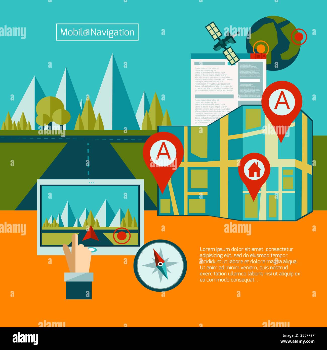 GPS navigation concept with flat map and route search elements vector illustration Stock Vector