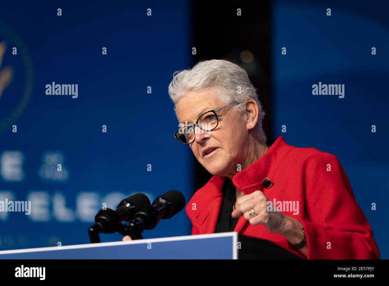 Wilmington, Delaware, USA. 19th Dec, 2020. Gina McCarthy delivers remarks after being introduced as US President-elect Joe Bidens nominee to be his National Climate Advisor at the Queen Theater on December 19, 2020 in Wilmington, Delaware. Credit: Alex Edelman/ZUMA Wire/Alamy Live News Stock Photo