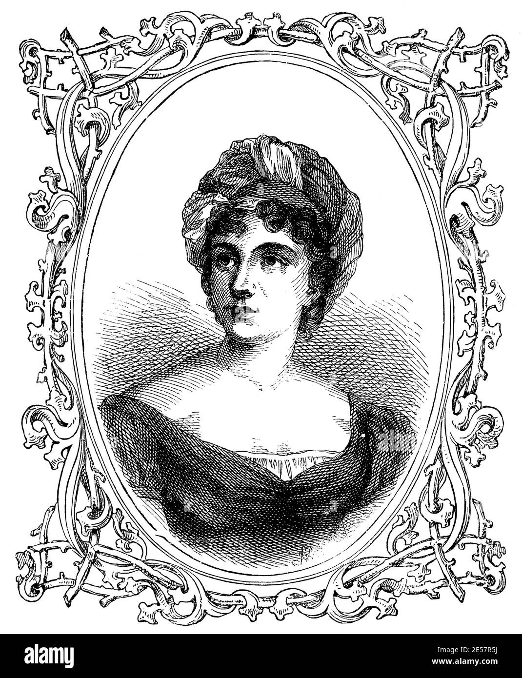 Portrait of Germaine de Stael (Madame de Stael) - a woman of letters and political theorist of Genevan origin. Illustration of the 19th century. Germany. White background. Stock Photo