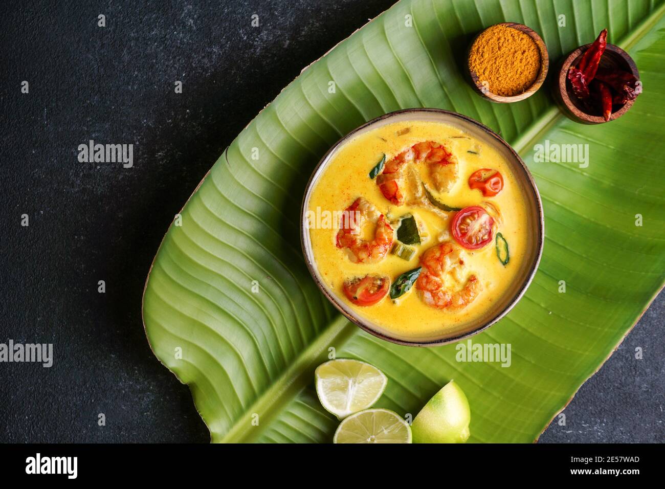 Prawn moilee, delicious south Indian curry shrimp soup with lime Stock