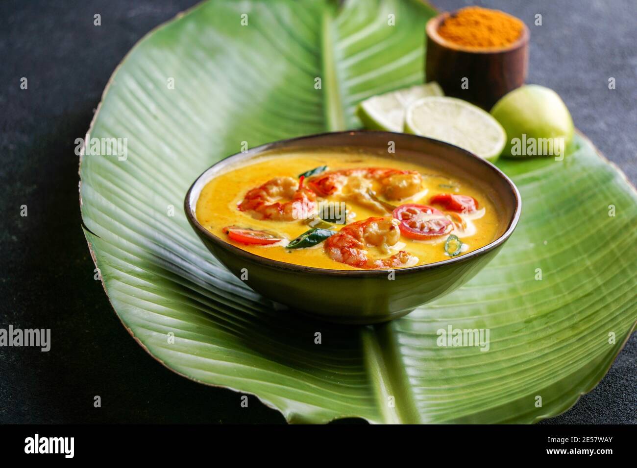 Prawn moilee, delicious south Indian curry shrimp soup with lime Stock
