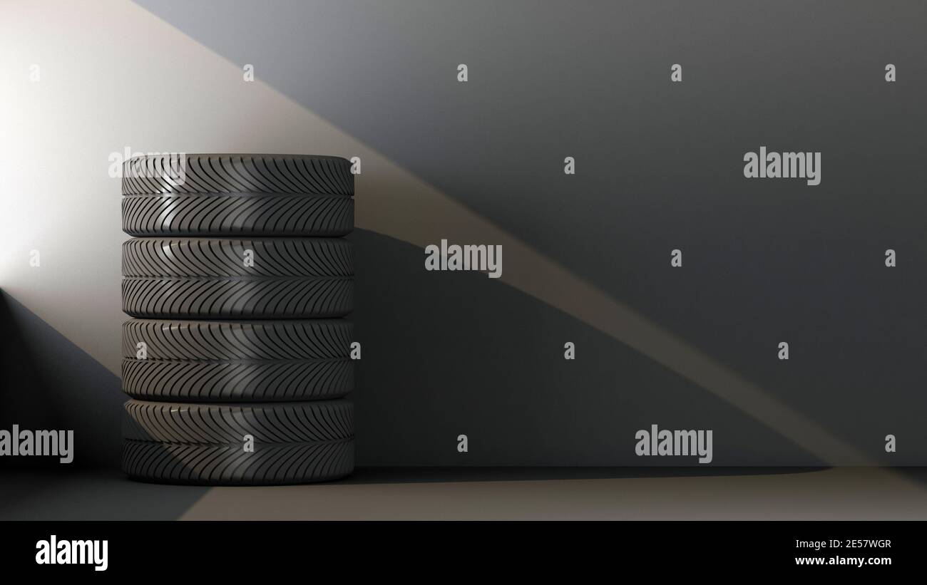 car tires are illuminated by beam of light. 3d rendering Stock Photo
