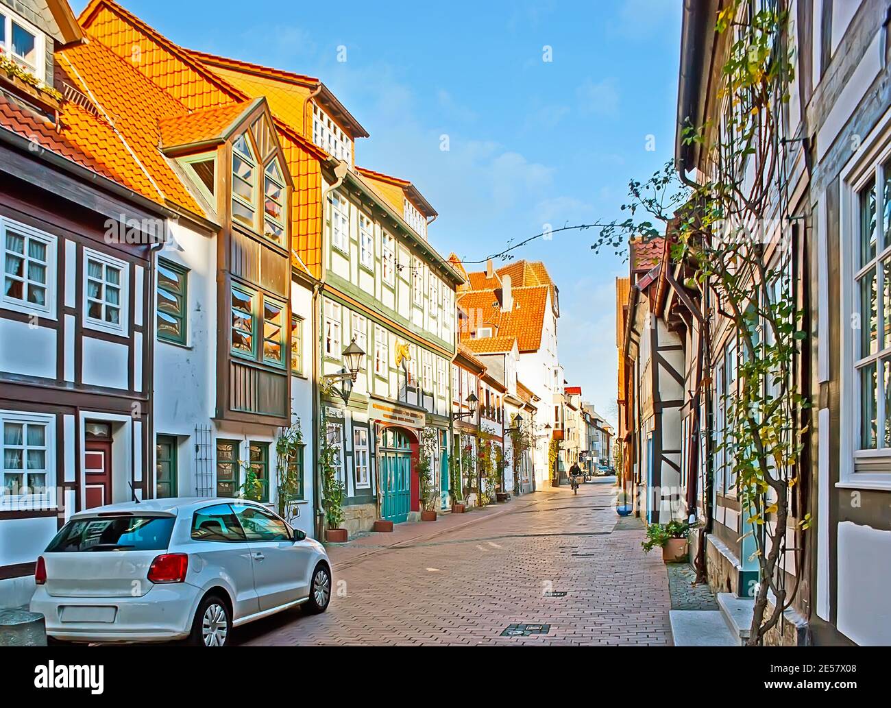 Adorable historical half-timbered houses in Gelber Stern street of Hildesheim Old Town, Germany Stock Photo