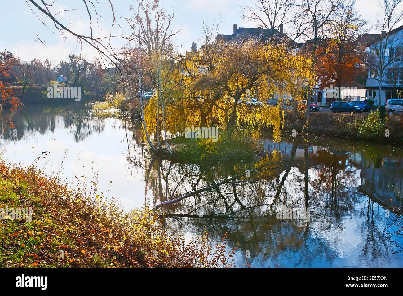 Innerste The calm surface of Innerste river reflects the tiny Islet, yellow ...