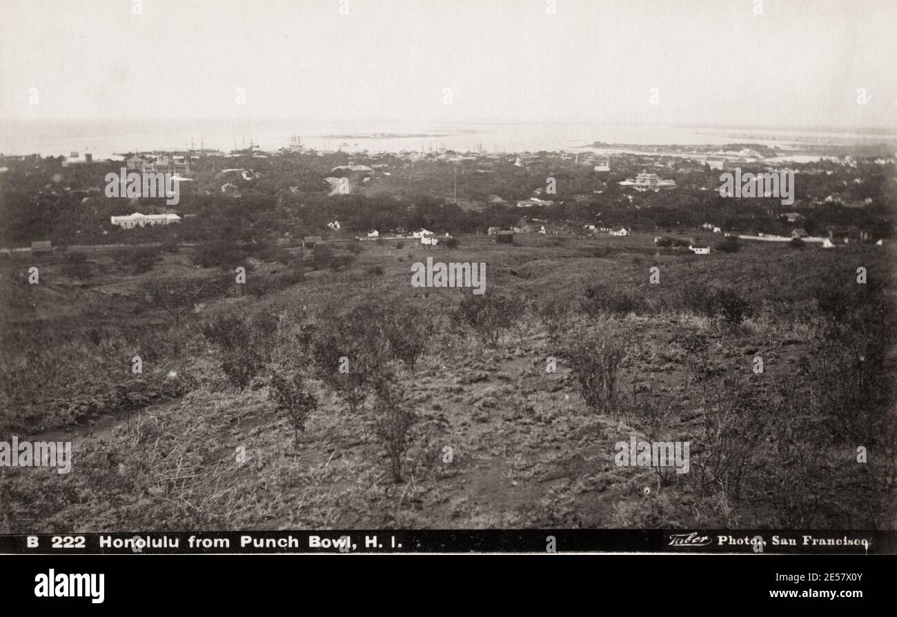 19th century vintage photograph: Honolulu from Punch Bowl, Hawaii, Taber studio. Stock Photo