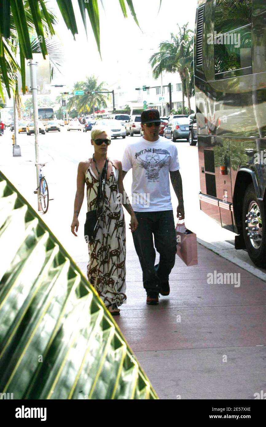 Tattooed singer Pink and Husband Carey Hart board her tour bus at her Miami Beach hotel on the last South Florida stop supporting Justin Timberlake on his FutureSex/LoveShow Tour at Sunrises Bank pic