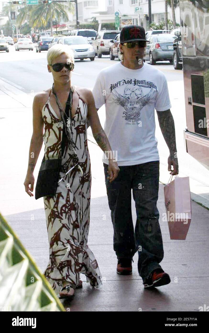 Tattooed singer Pink and Husband Carey Hart board her tour bus at her Miami Beach hotel on the last South Florida stop supporting Justin Timberlake on his FutureSex/LoveShow Tour at Sunrises Bank