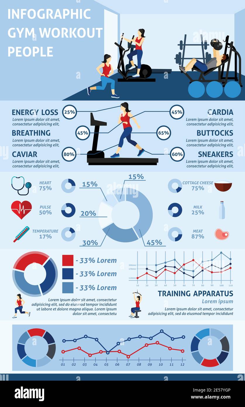 Gym workout infographics set with people doing sports and charts vector illustration Stock