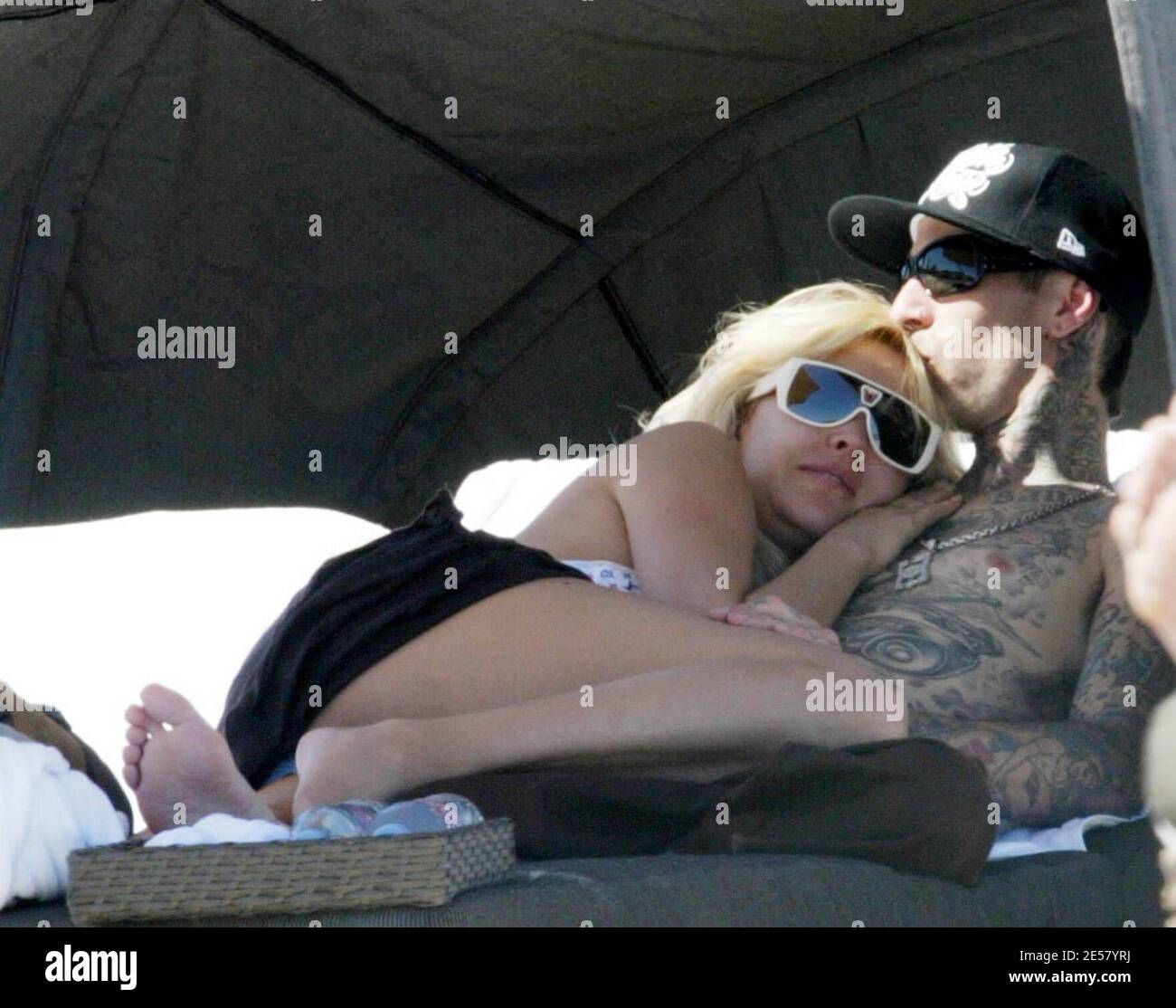 Reality TV show Meet The Barkers on off on again couple tattooed Blink 182 drummer Travis Barker and his Playboy Playmate and model wife Shanna Moakler enjoy a sunny Sunday afternoon on