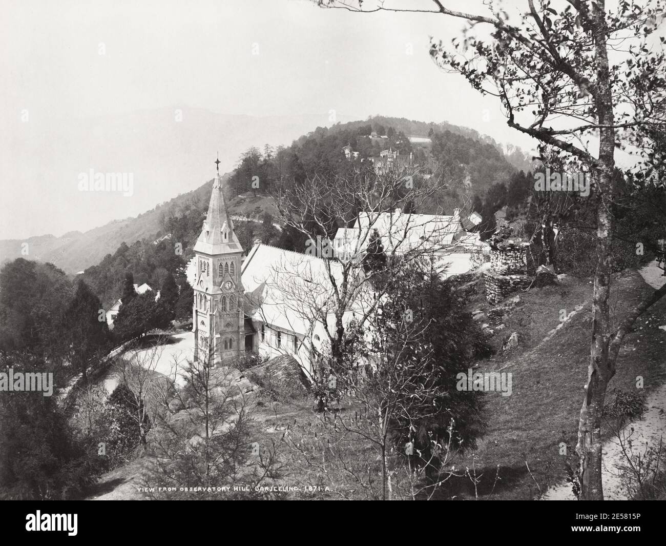 19th century vintage photograph: view of the church from Observatory Hill, Darjeeling, India. Stock Photo