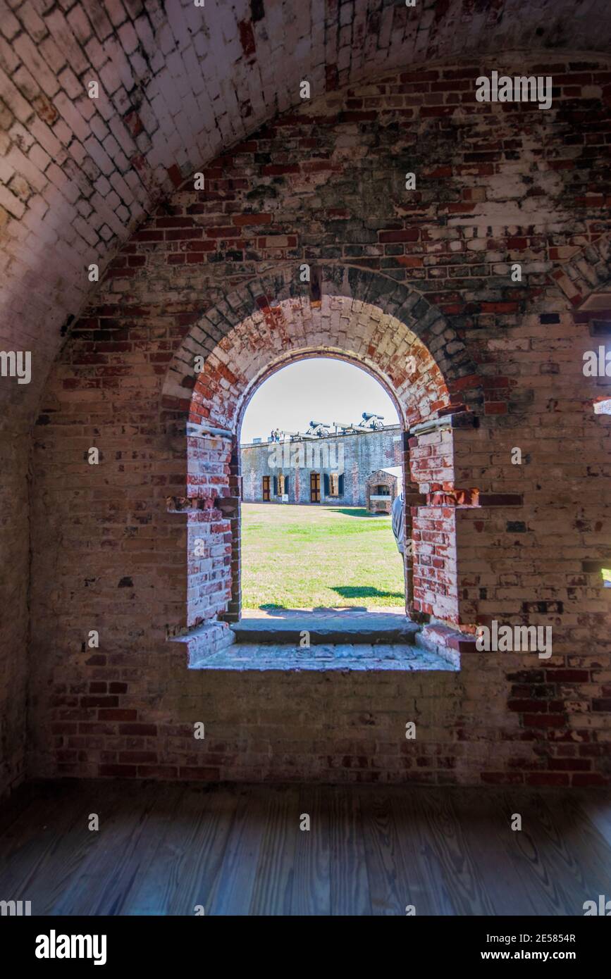 View of casement looking into the central courtyard Fort Macon State Park in Atlantic Beach, NC. Fort Macon was constructed after the War of 1812 to d Stock Photo
