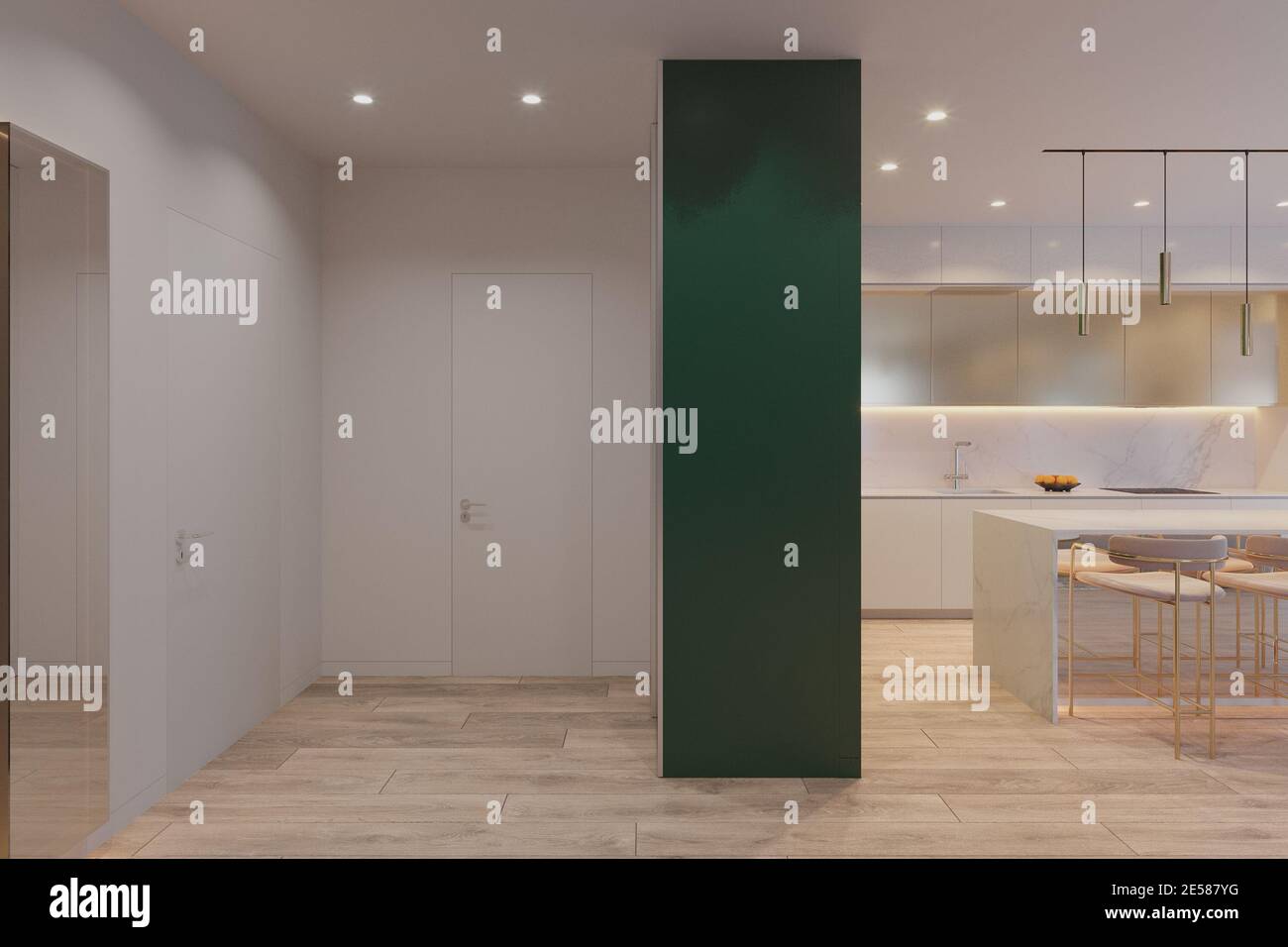 Realistic 3D computer visualization of the interior of the kitchen and hall in a modern style Stock Photo