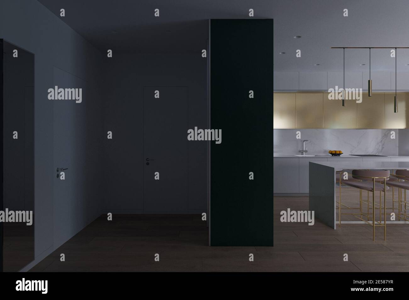 Realistic 3D computer visualization of the interior of the kitchen and hall in a modern style Stock Photo