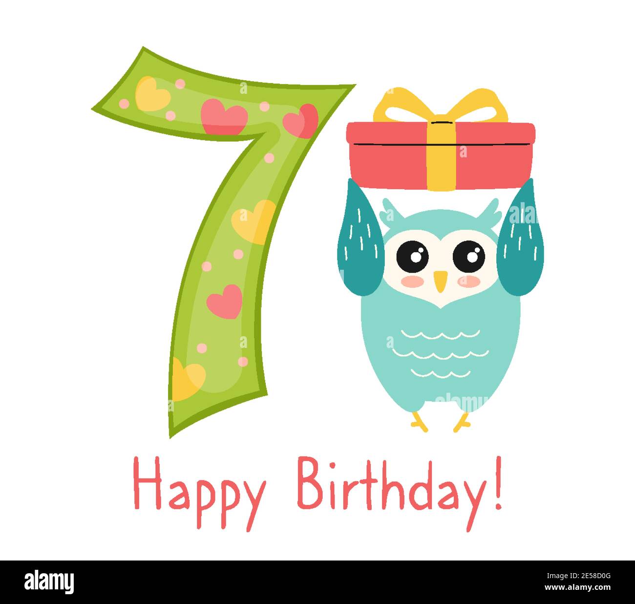 Greeting Happy Birthday card, owl with gift box and number seven. Hand  drawn owl cartoon character in hat, present. Congratulate child 7th birthday.  Funny flat Animal Isolated vector illustration Stock Vector Image