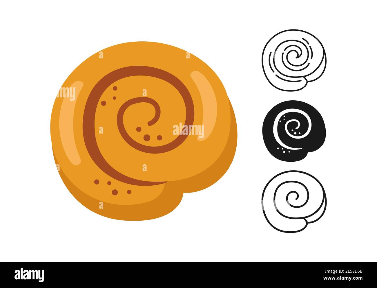 Cinnamon roll icon, bread line and black glyph, cartoon sign set. Hand