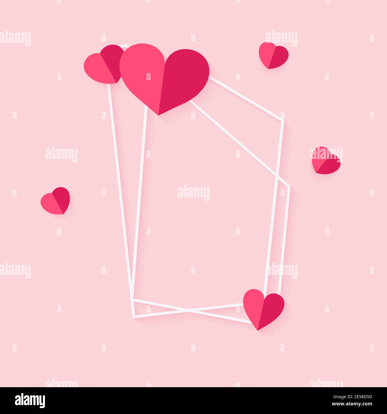 Closeup of abstract polygonal geometric white frame with pink hearts. Template empty text banner for Valentines day. Design element polyhedron frame for wedding invitation card. Vector illustration Stock Vector