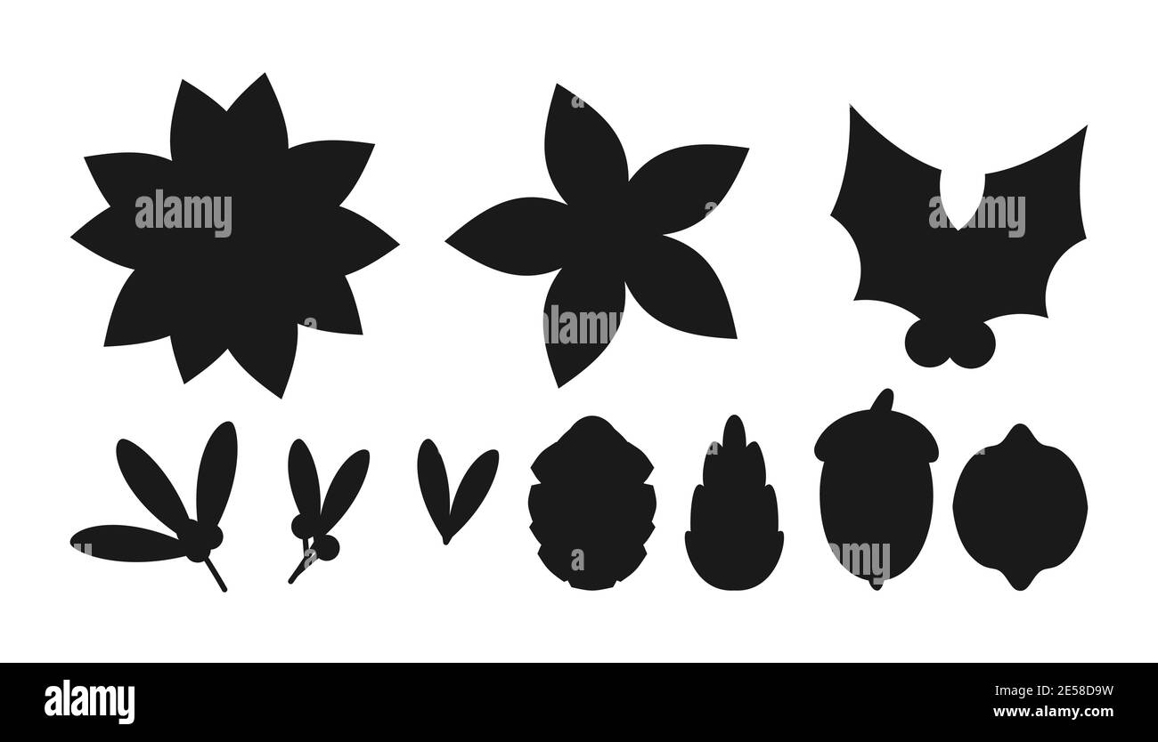 Set of silhouette Christmas flower poinsettia, acorn, cones, mistletoe. Black templates winter berries, leaves. Floral traditional decor symbol New year holiday. Isolated on white vector illustration Stock Vector