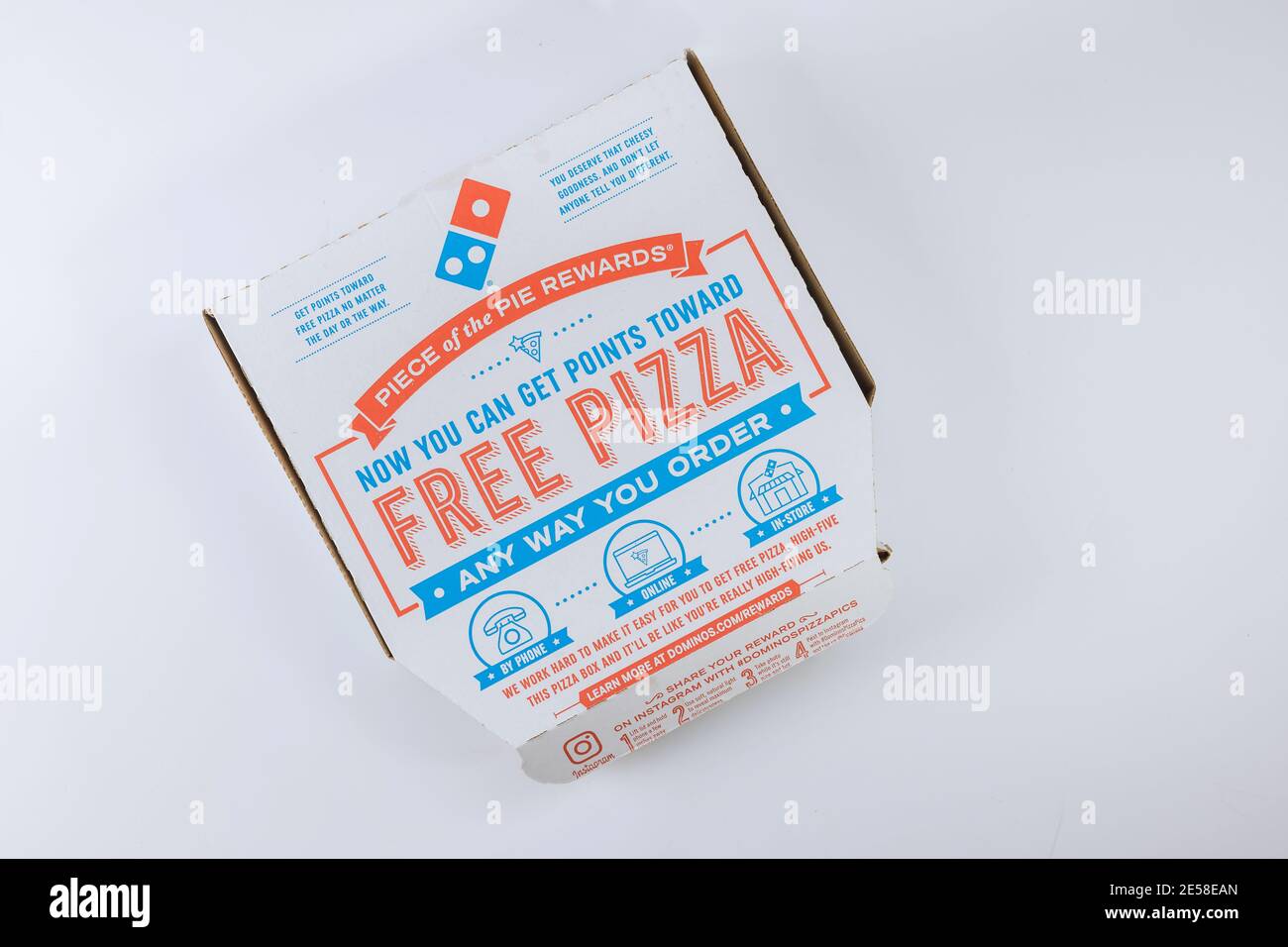 22 JANUARY 21 New York US 2021 Dominos Pizza logo of take out boxes on
