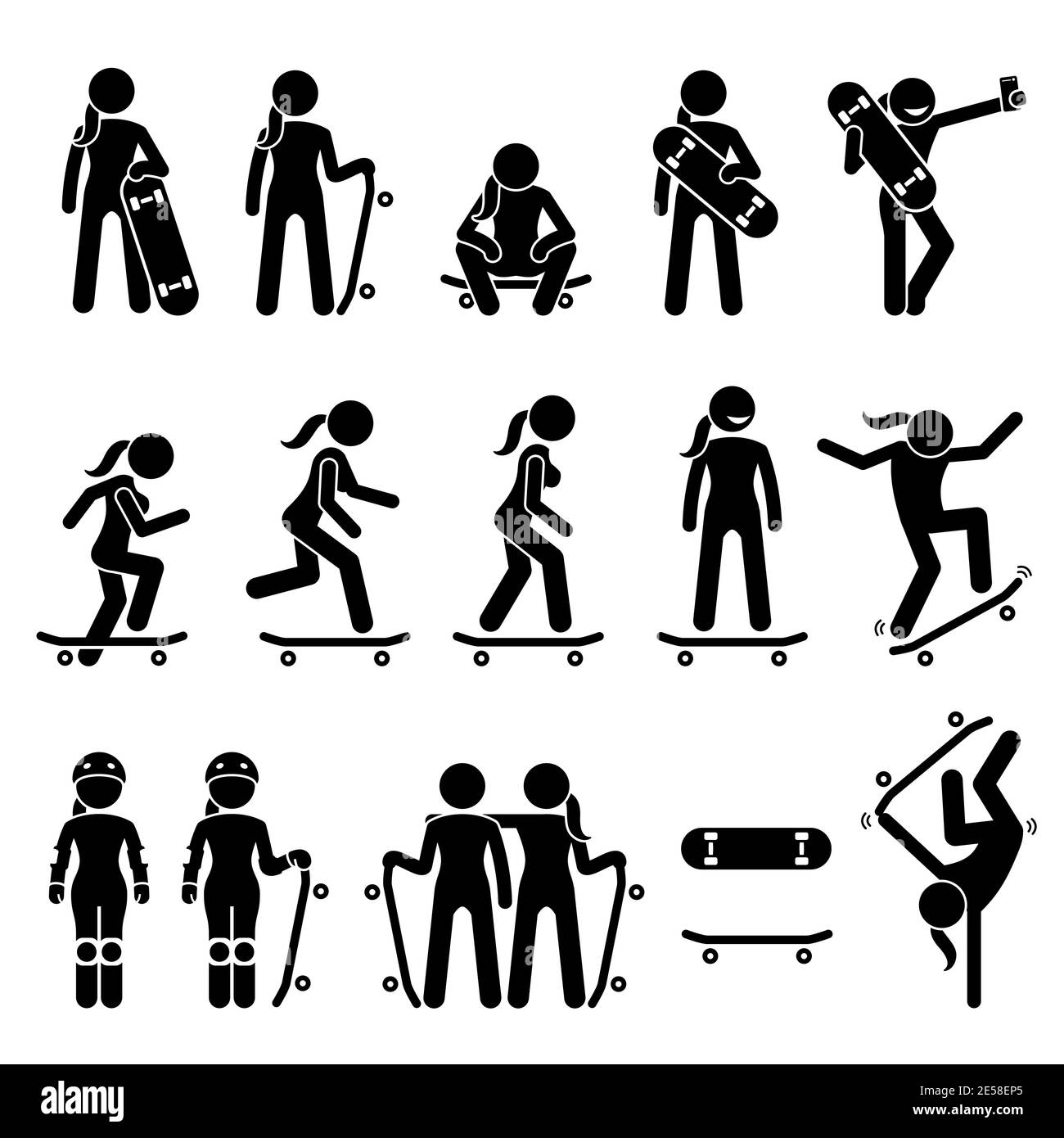 Female skater skating on skateboard stick figure icons. Vector  illustrations of girl skateboarder poses, postures, and actions while  playing skateboar Stock Vector Image & Art - Alamy