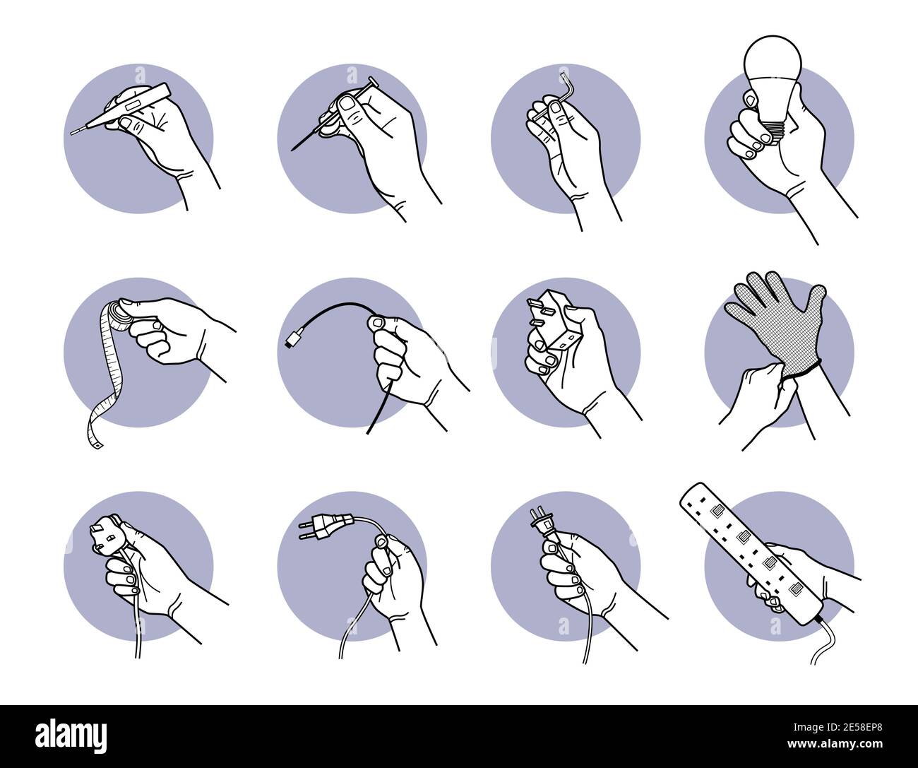 Hand holding electrical tools and equipment. Vector illustrations of