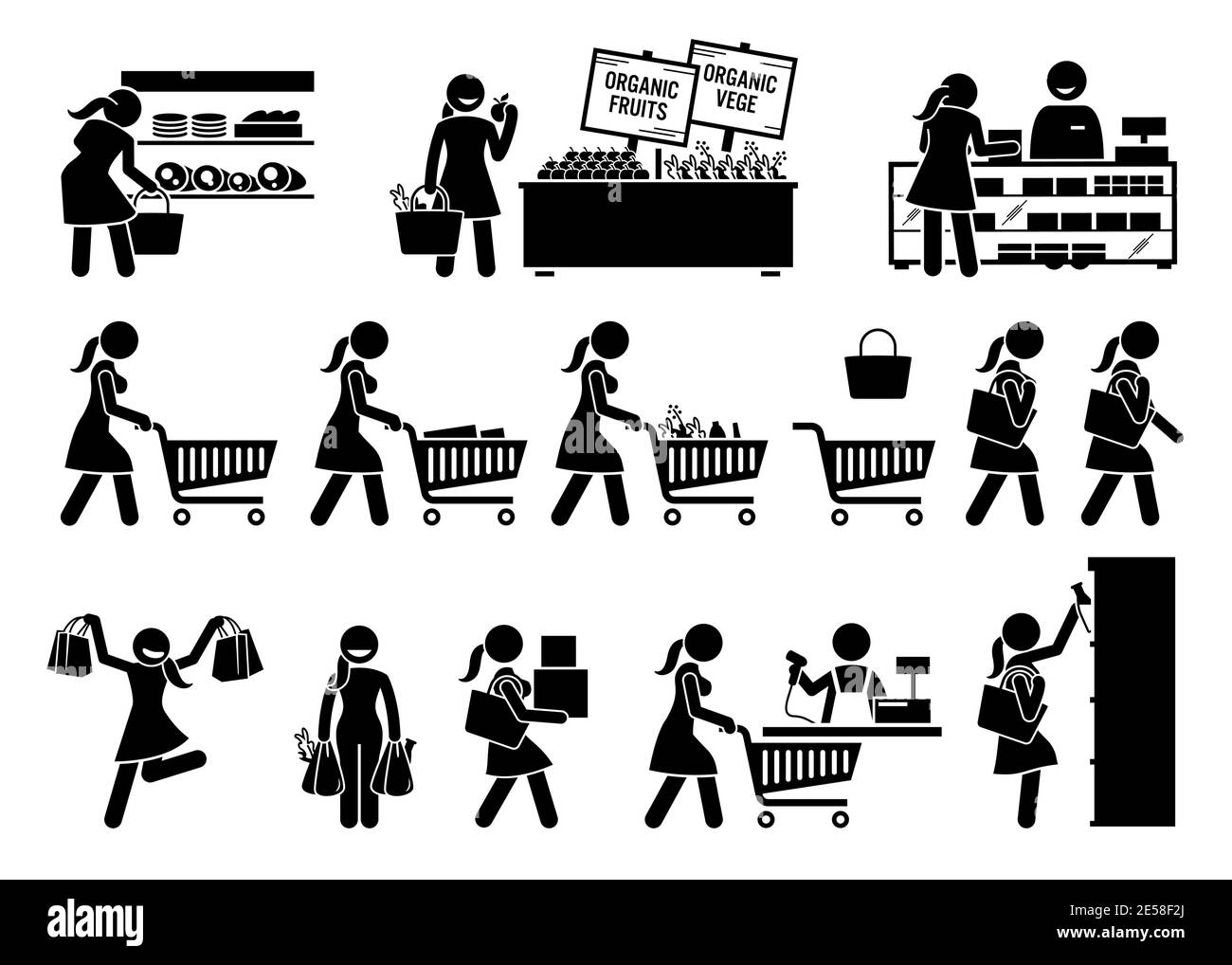 Woman buying meat, fruits, and vegetables at grocery store stick figure icons. Vector illustrations of girl choosing healthy foods at marketplace. Stock Vector