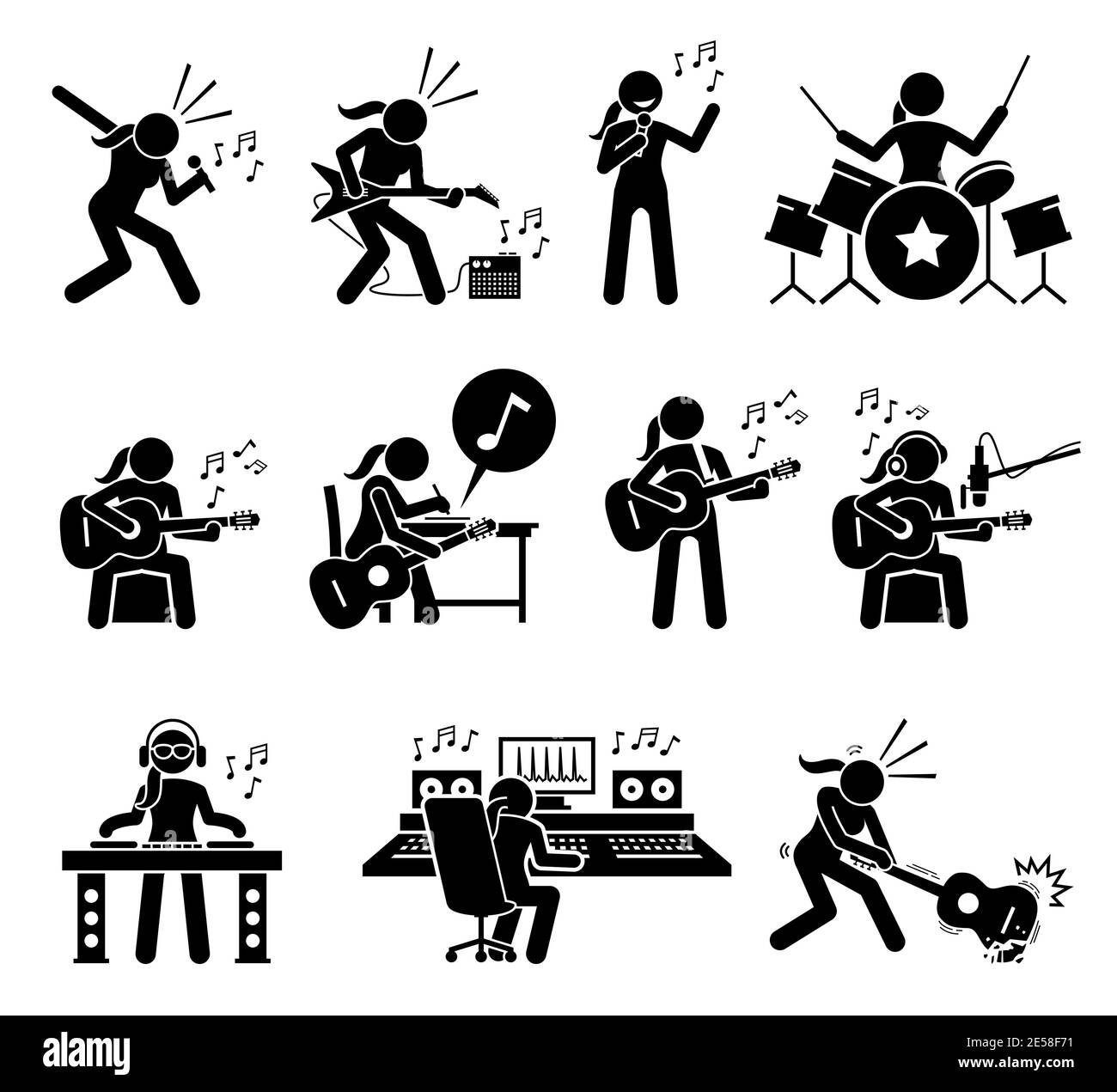 Female music artist singing song and playing musical instruments stick figure icons. Vector illustrations of woman playing guitar, drum, and writing s Stock Vector