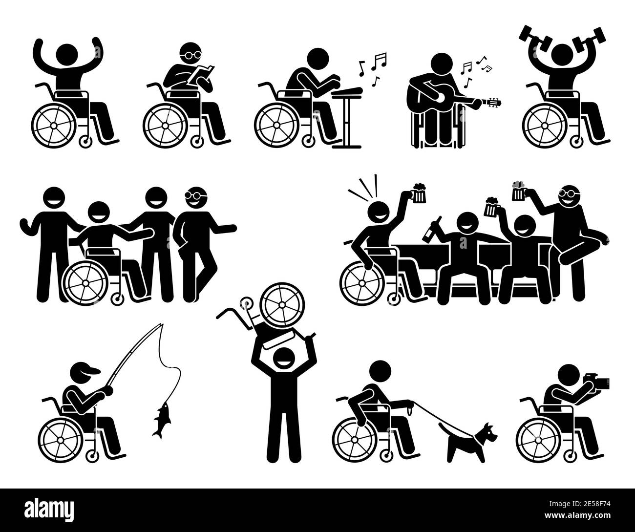 Happy disabled man doing various activities, hobbies, and leading a normal life stick figures icons. Vector illustrations of a person on wheelchair ha Stock Vector