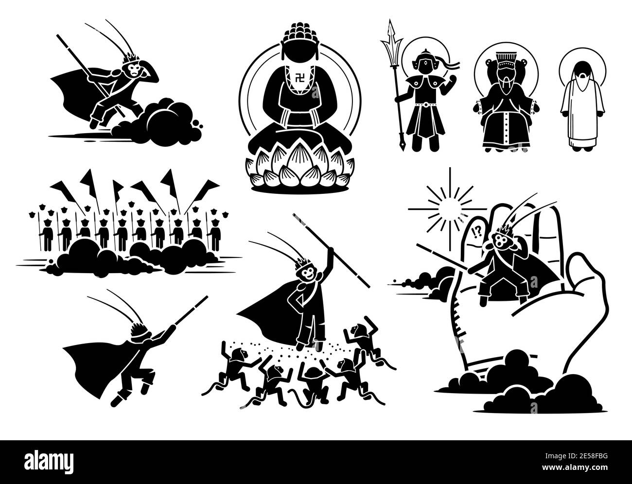 Journey to the West, Sun Wukong challenge and fighting at heaven icons. Vector illustrations of Monkey King vs Gods and Buddha. Stock Vector