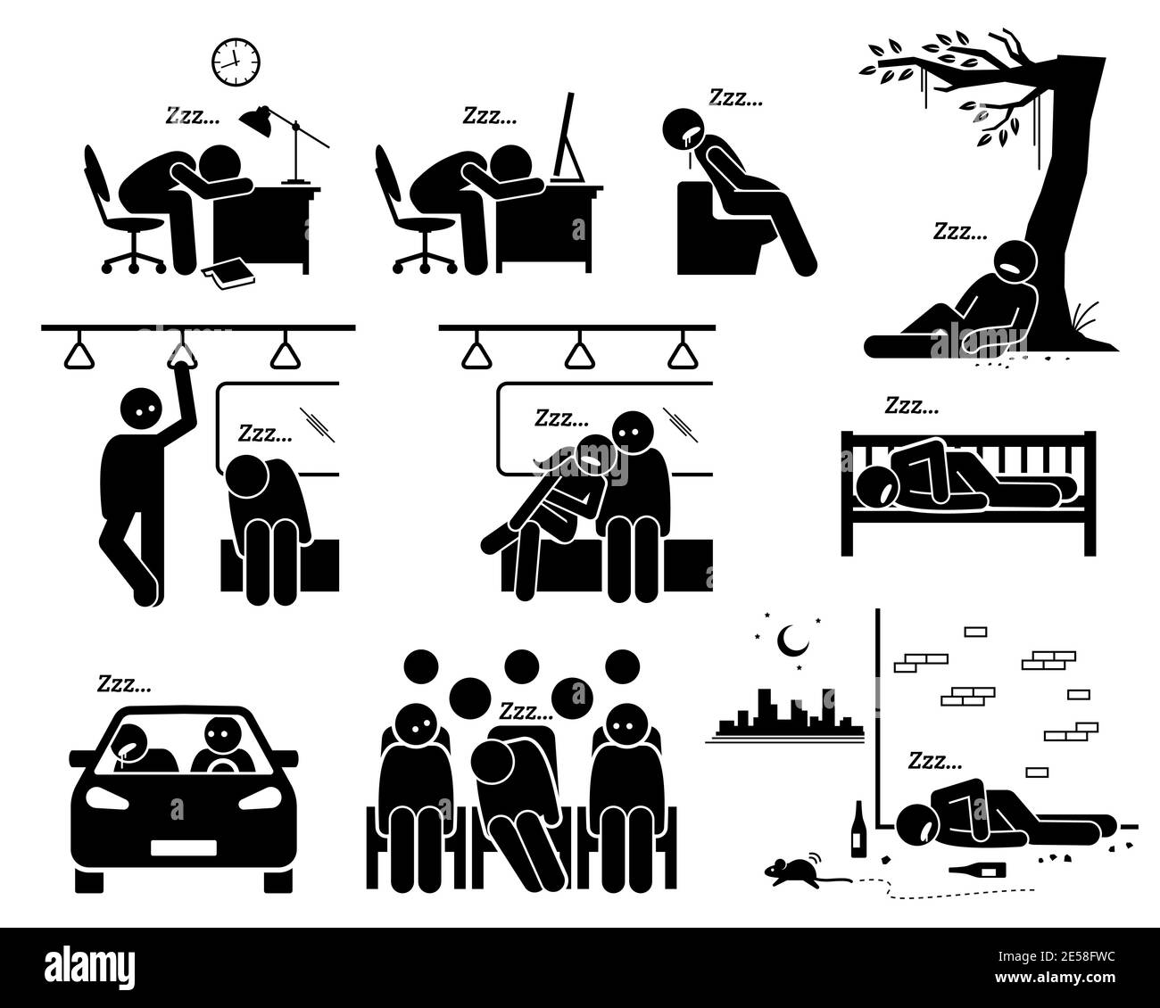 People sleeping at different places stick figure pictogram icons. Vector illustrations of a person falling asleep and taking a nap. Stock Vector