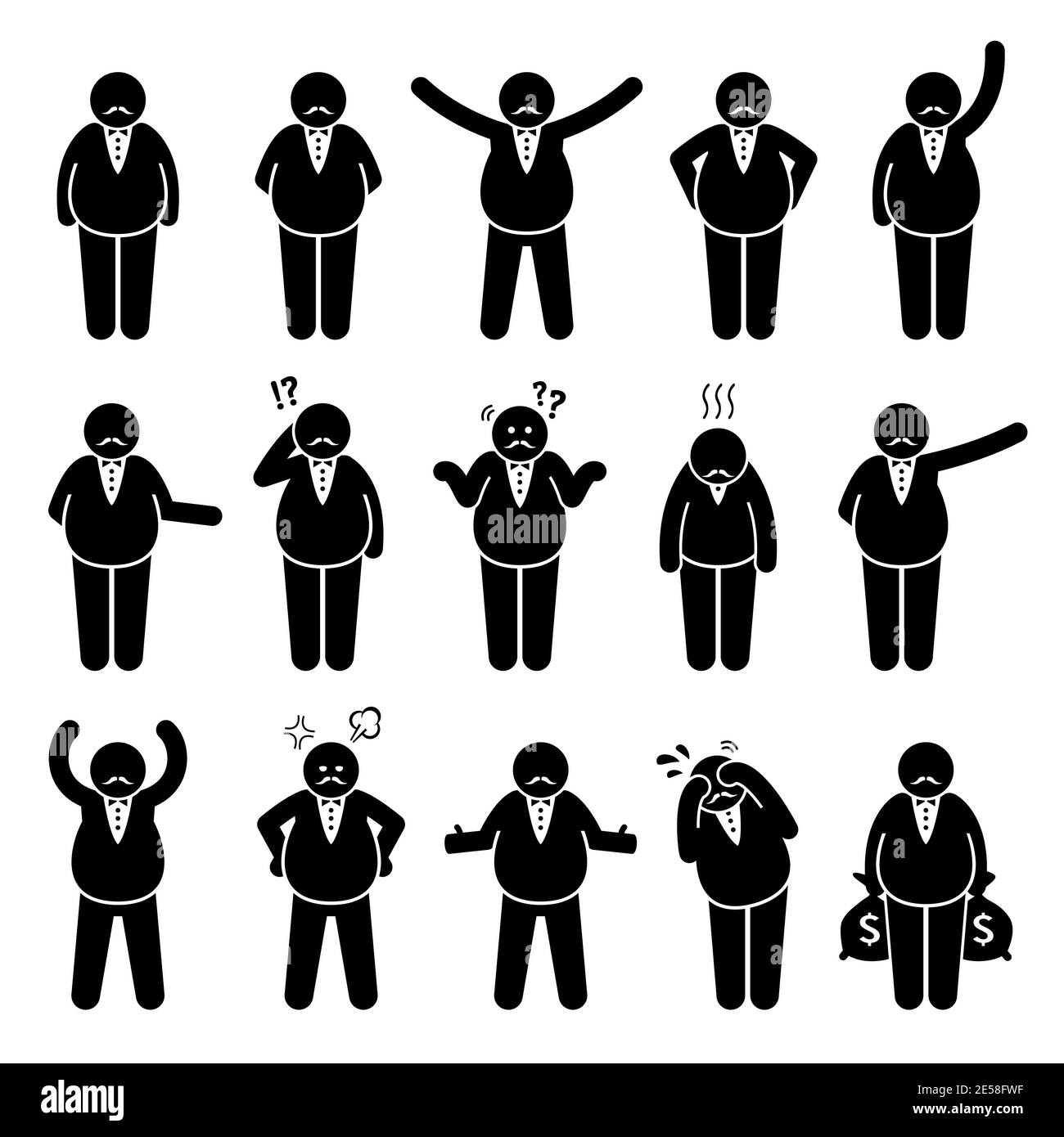 Fat boss or wealthy employer poses and actions stick figures character icon set. Vector illustrations of a fat rich man with different emotions and re Stock Vector