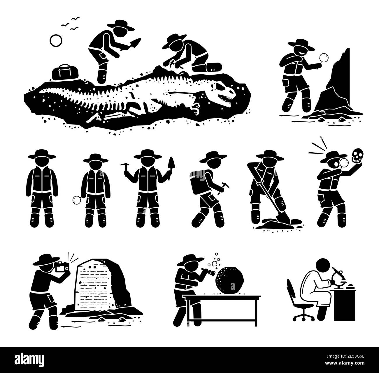 Paleontologist scientist digging dinosaur bone fossil and discover ancient artifact illustrations. Vector cliparts of paleontology, archaeology, and a Stock Vector
