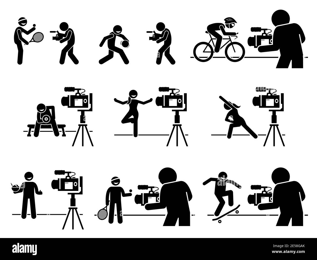 Social media sports, diet, and fitness influencers Internet video content creator pictogram. Vector illustrations of man and woman creating video by t Stock Vector