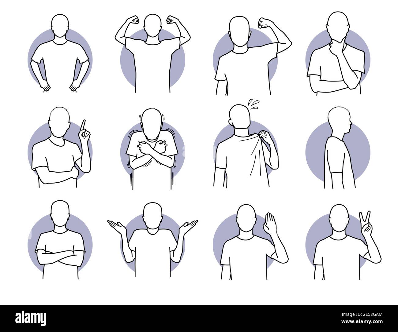 Basic human actions and body languages. Vector illustration of a man with various poses. Stock Vector