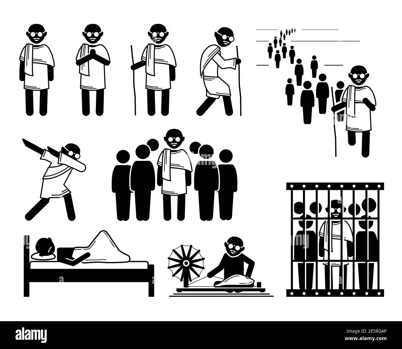 Mahatma Gandhi stick figures icons set. Vector illustrations of important key events of Mahatma Gandhi during his non violent protest in India. Stock Vector