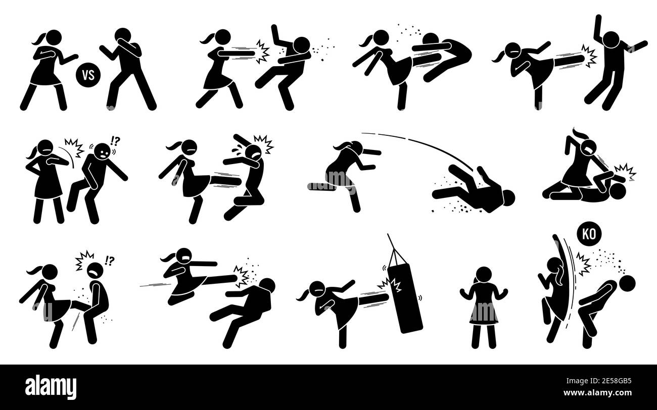Woman beating man stick figure sign and symbols. Vector illustration of