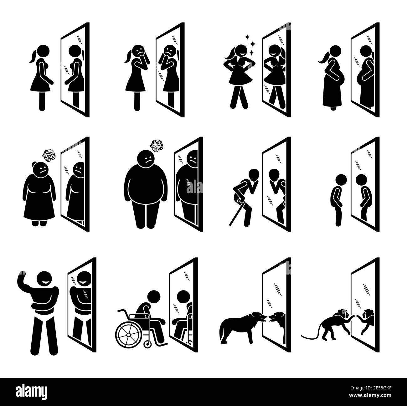 Different people looking into mirror of themselves. Vector illustrations of woman, overweight people, old man, child, muscular man, handicapped, dog, Stock Vector