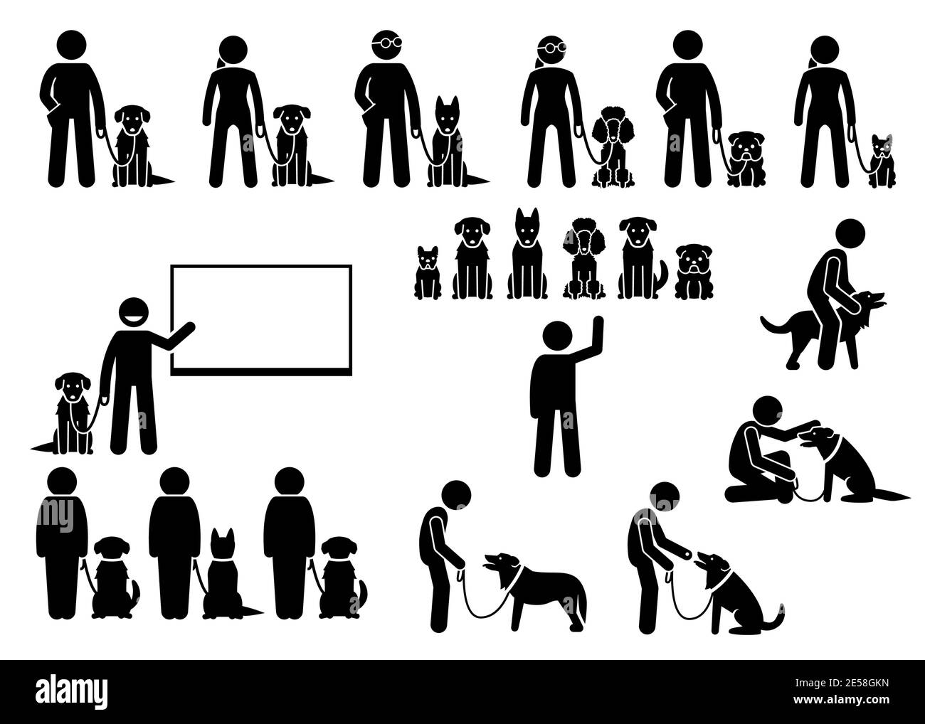 Dog training school icons set. Vector illustrations of dog obedient and behavioral training academy with instructor and students. Stock Vector