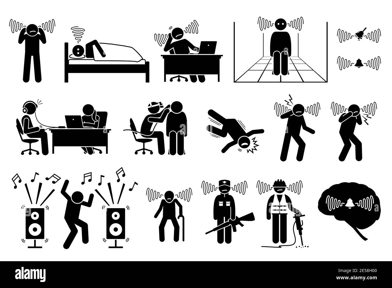 Tinnitus ear ringing noise in people icons. Vector illustrations of a man having tinnitus and experiencing a noisy sound in the ears. Stock Vector