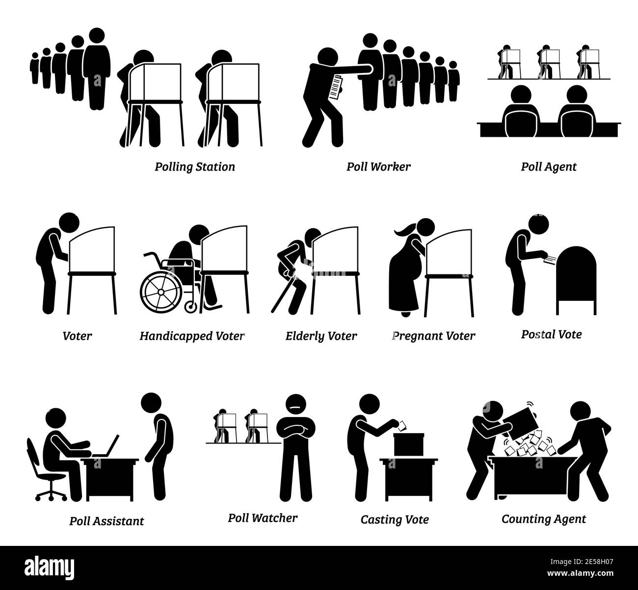 Voters voting at polling station place during presidential election signs and symbols. Vector illustration of people casting their votes and workers w Stock Vector