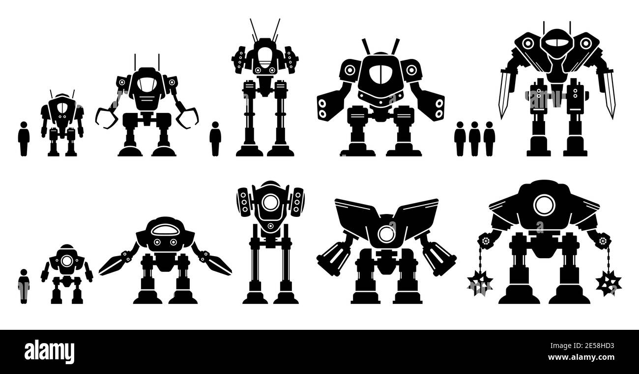Giant mecha robot or battle bot set collection. Vector icons illustrations of gigantic mechanical machine or big mech robots for war and military. Rob Stock Vector