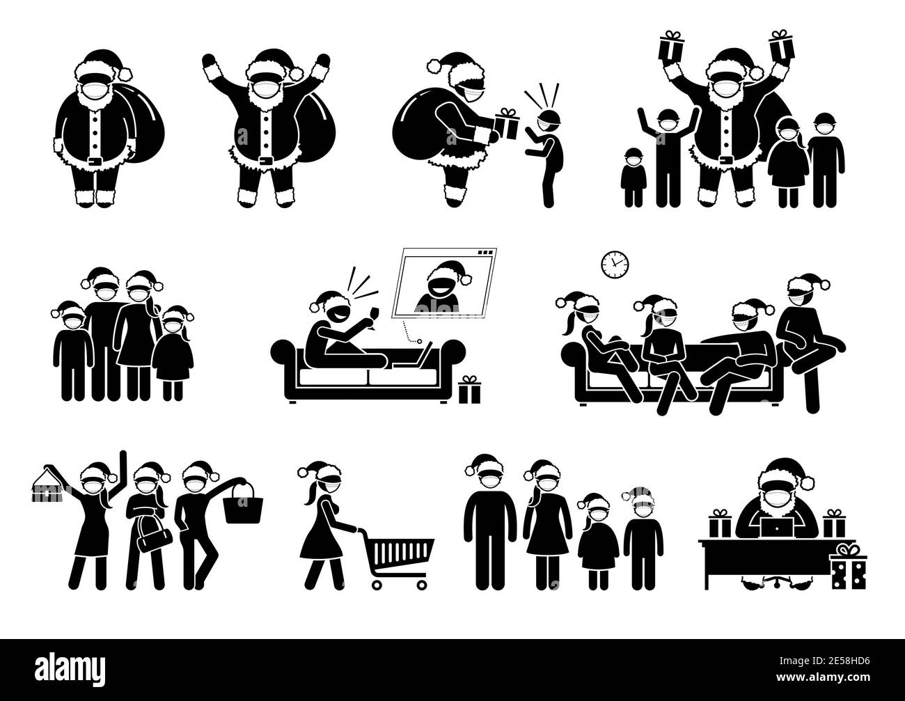Santa Claus and people wearing face mask during pandemic on Christmas. Vector illustrations of Santa Claus, family, and friends celebrating Merry Chri Stock Vector