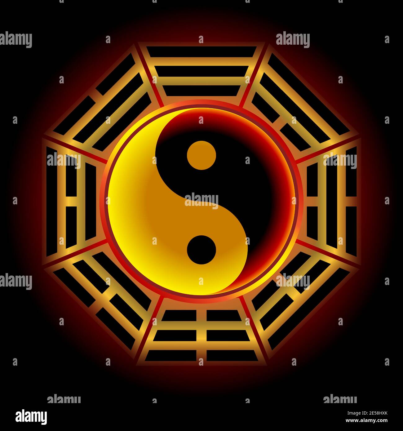 The Yin Yang symbol is surrounded by the I ching (book of changes) symbol. By making it out to have a reddish-black tone Stock Vector