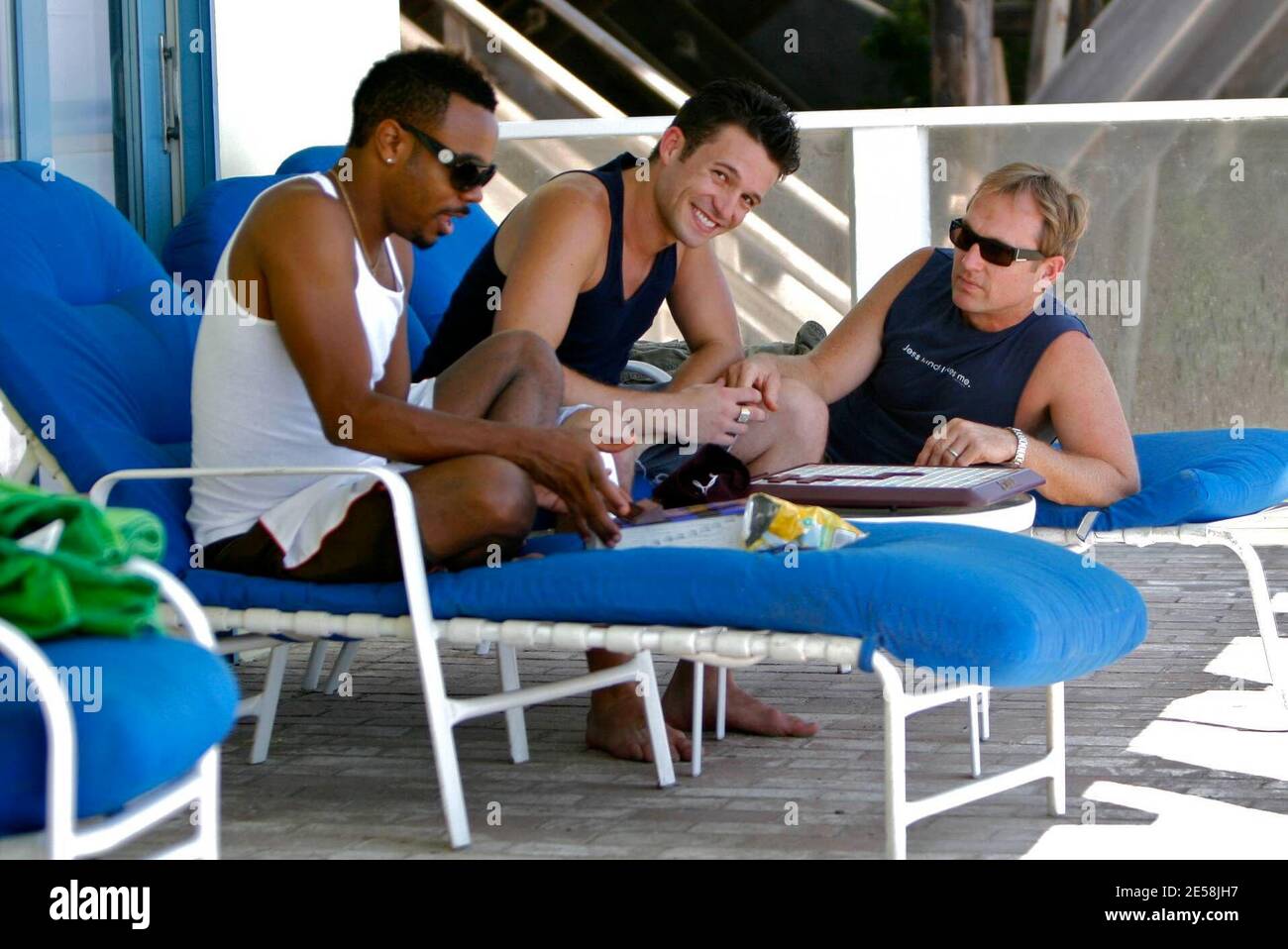Exclusive!! Sordid Lives actor Jason Dottley, hubby Del Shores and other BFF and Sordid Lives co-star T. Ashanti Mozelle played Scrabble  and relaxed at the beach house in Malibu where Jason and Del got married. Looks like they are having one last weekend of summer before heading to Louisiana to film Sordid Lives the series. Los Angeles, Calif. 9/1/07. [[laj]] Stock Photo
