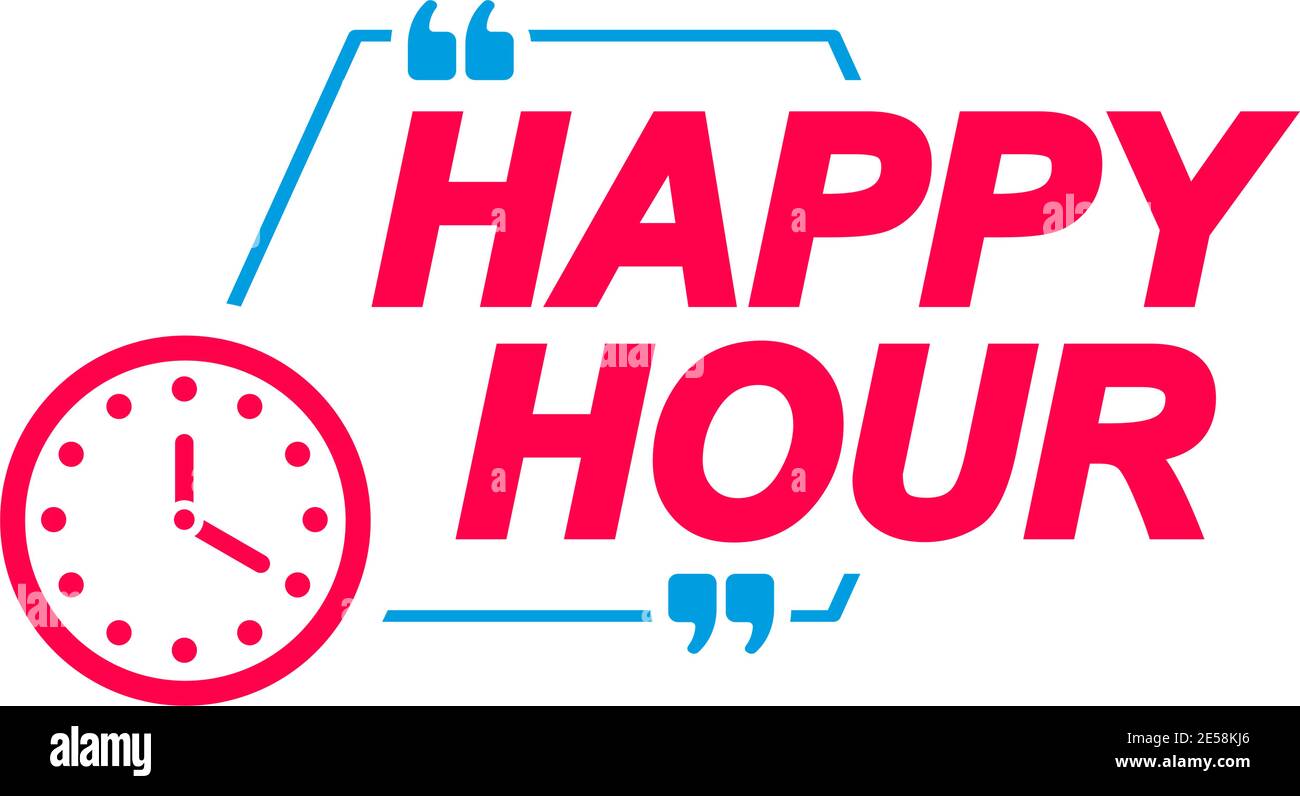 Happy Hour labels. Speech bubbles with clock icon. Advertising and