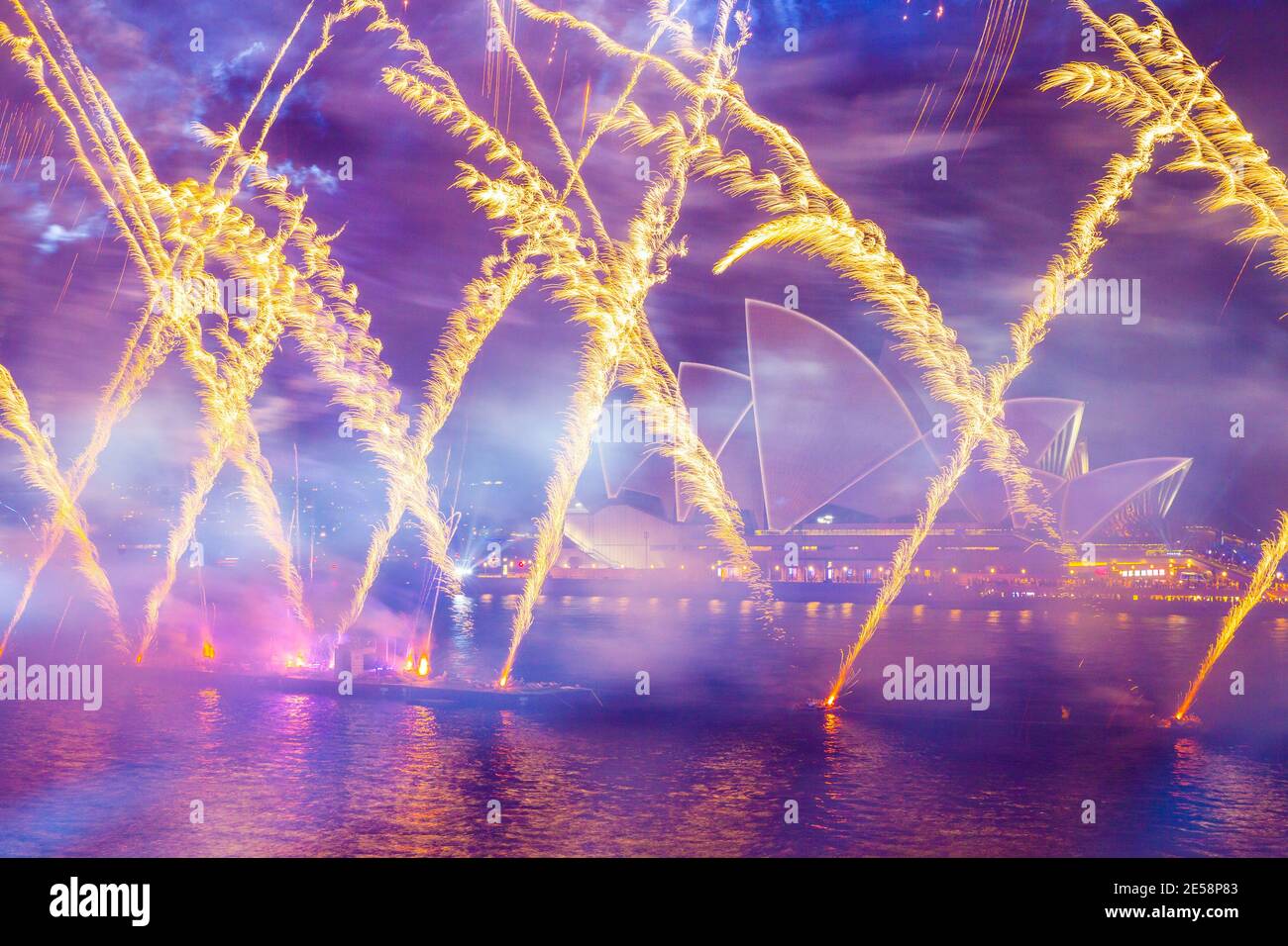 Sydney, Australia, 26 January 2021. A fireworks display and special lighting projections at