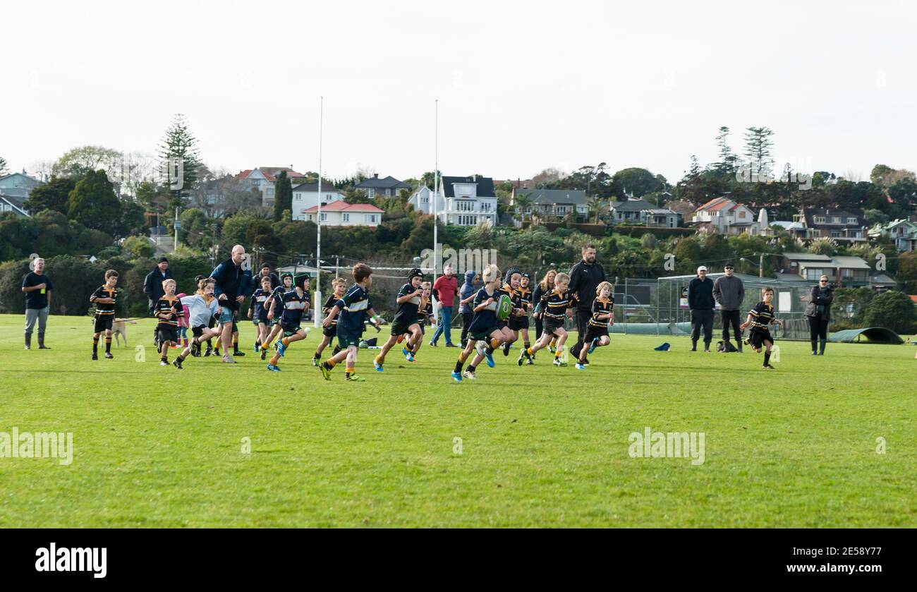 Auckland New zealand -  July 19 2014; Two teams of junior rugby players in a game Stock Photo