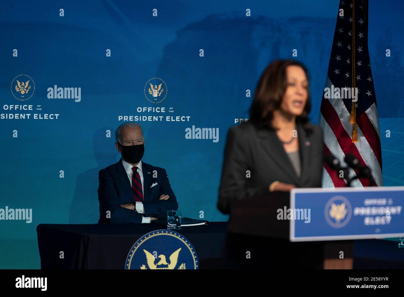 US President Elect Joe Biden listens as US Vice President-elect Kamala Harris speaks during an event to announce new cabinet nominations at the Queen Theatre on December 19, 2020 in Wilmington, Delaware. Credit: Alex Edelman/The Photo Access Stock Photo